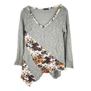 Y2K Asymmetrical Knit Top Women's Medium Gray Floral Metallic Lettuce Trim LS